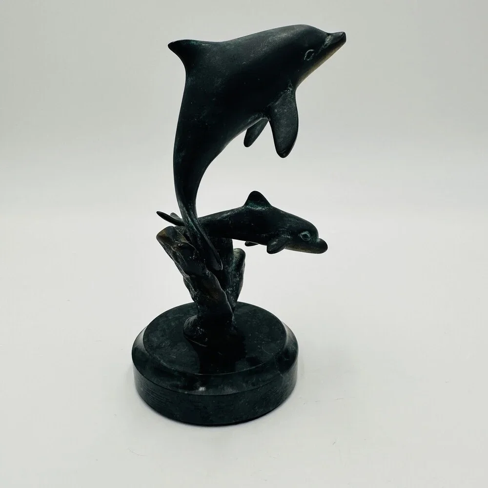 SPI Gallery Handmade Brass And Marble Double Dolphin Art Sculpture Ocean